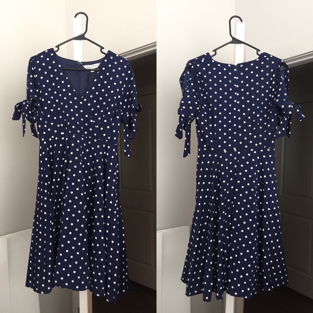Navy Polka Dot Dress with Tie Sleeve